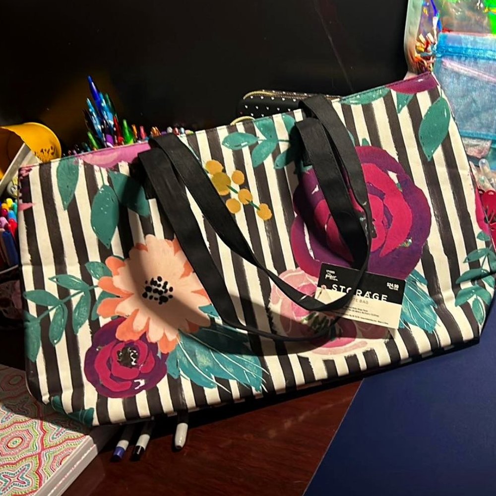 The Paper Studio Storage Tote Bag Black & White Stripe Floral - NEW w/tag